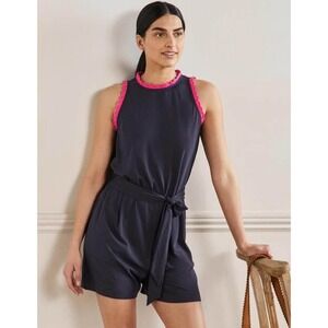 BODEN Caitlin Jersey Knit Romper Playsuit Crochet Trims Navy Blue Pink 8 Tall